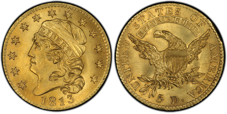 1813 Capped Head Left Half Eagle. BD-1. MS-66 (PCGS).